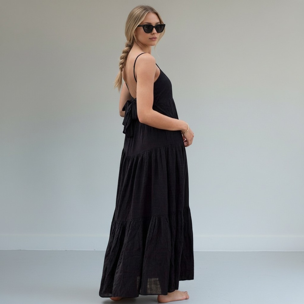 L*Space Santorini Tiered Maxi Dress Tie Back Womens S Black Textured Gauze